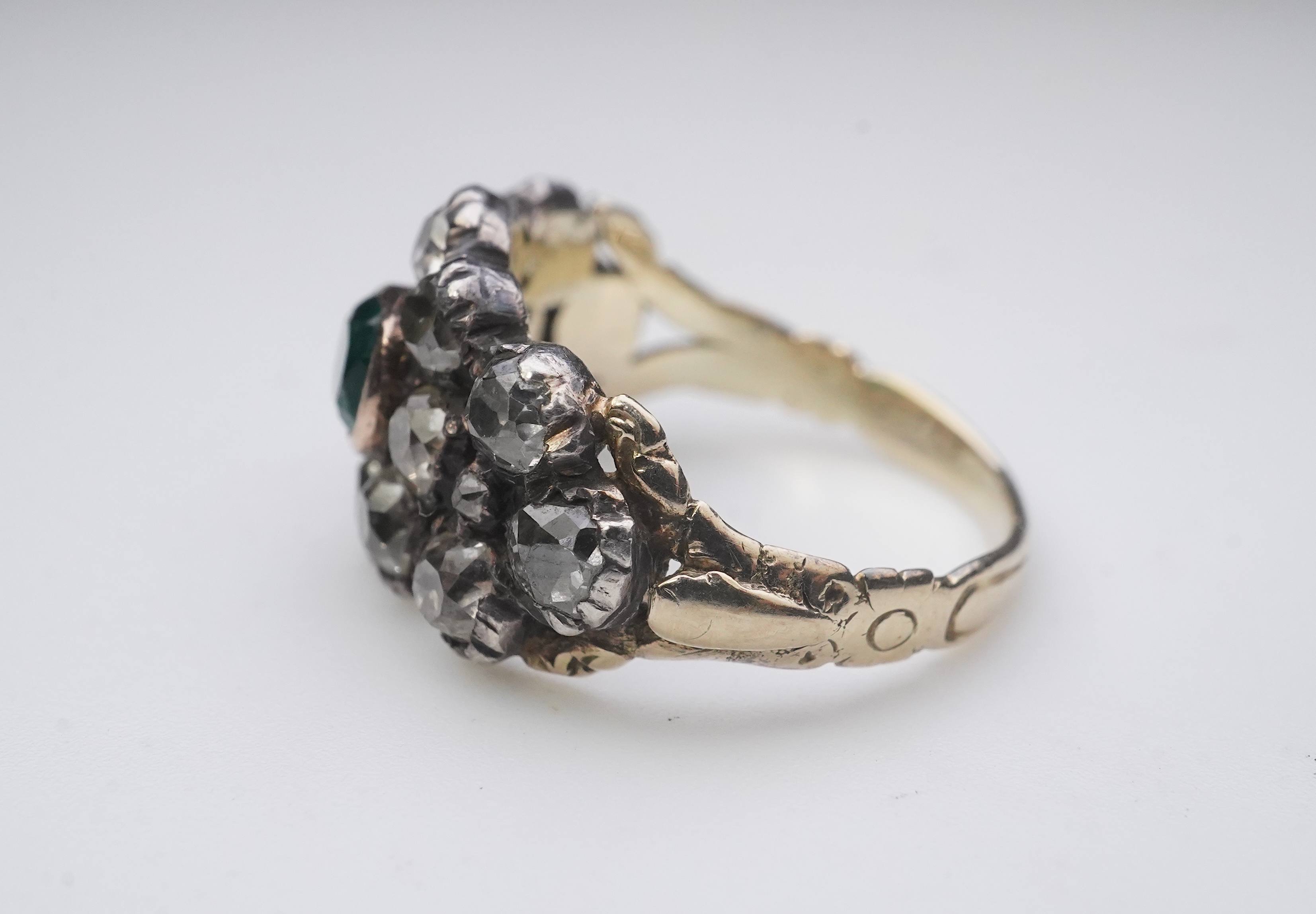 A Georgian diamond and simulant emerald ring, circa 1800